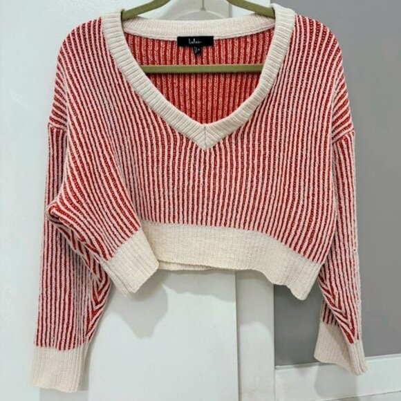 Lulus Attractively Cozy Red And White Striped V-neck Pullover Sweater - Size S - Picture 3 of 7